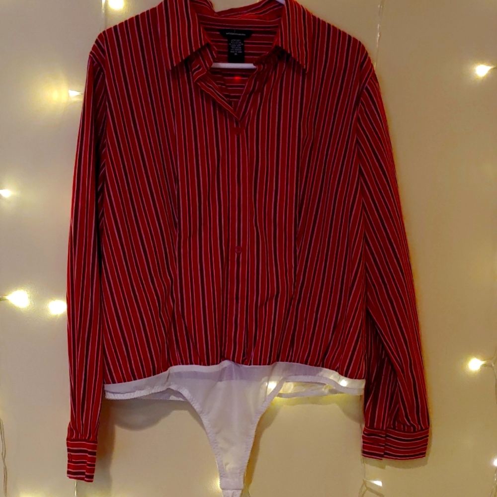 MODA INTERNATIONAL Red Striped Blouse Bodysuit, Size XL